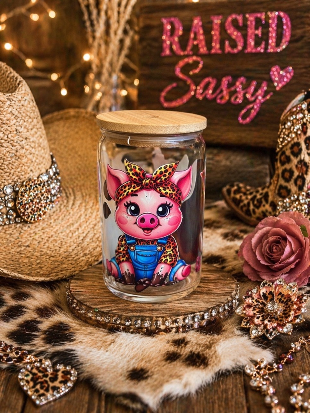 Pink Pig Glass Storage Jar with Bamboo Lid